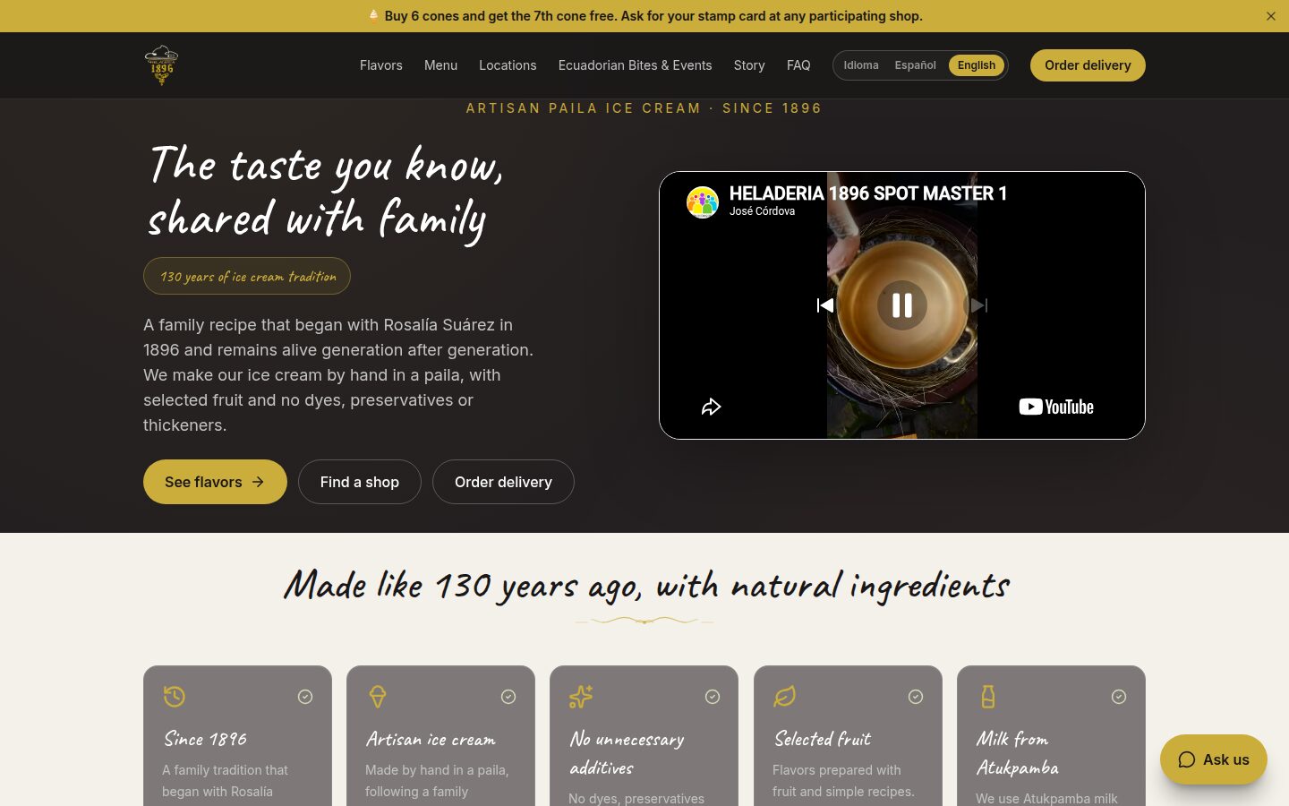 The Heladería 1896 home page, with the assistant in the corner